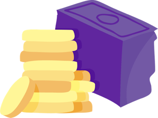 Stack of purple notes and yellow coins