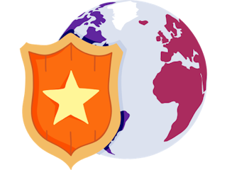 Orange shield in front of globe