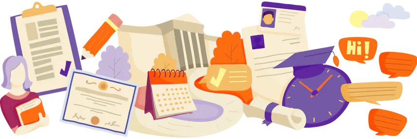 Illustration of academic elements representing admission requirements, including a graduation cap, clock, documents, resumes, ID card, a calendar, and a clipboard.