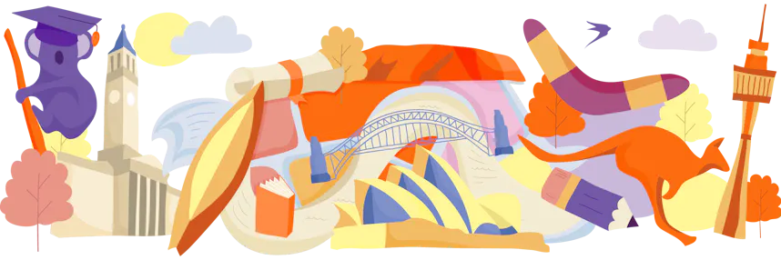 Illustration of famous landmarks and cultural items from Australia, interconnected on a map-like layout with trees and clouds.