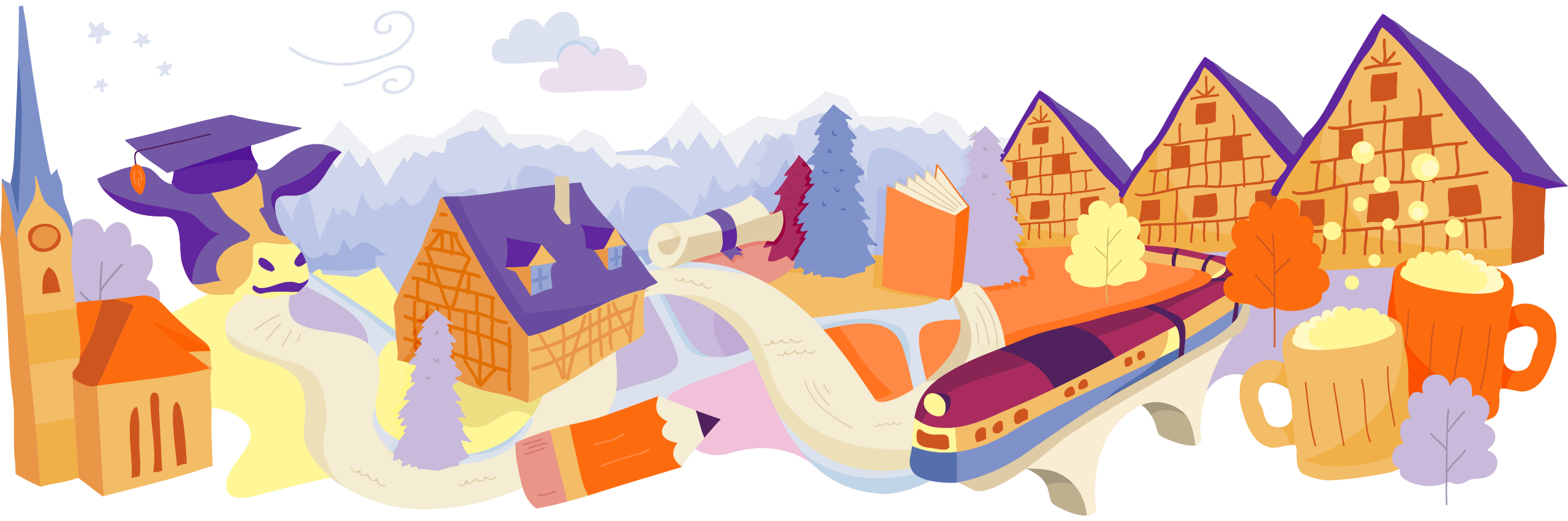 Illustration of famous landmarks and cultural items from Austria, interconnected on a map-like layout with trees and clouds.