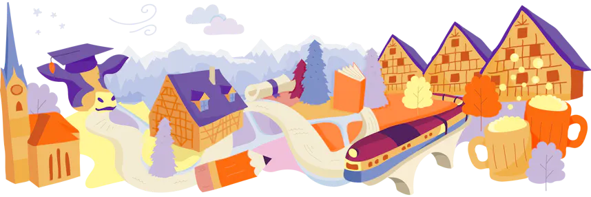 Illustration of famous landmarks and cultural items from Austria, interconnected on a map-like layout with trees and clouds.