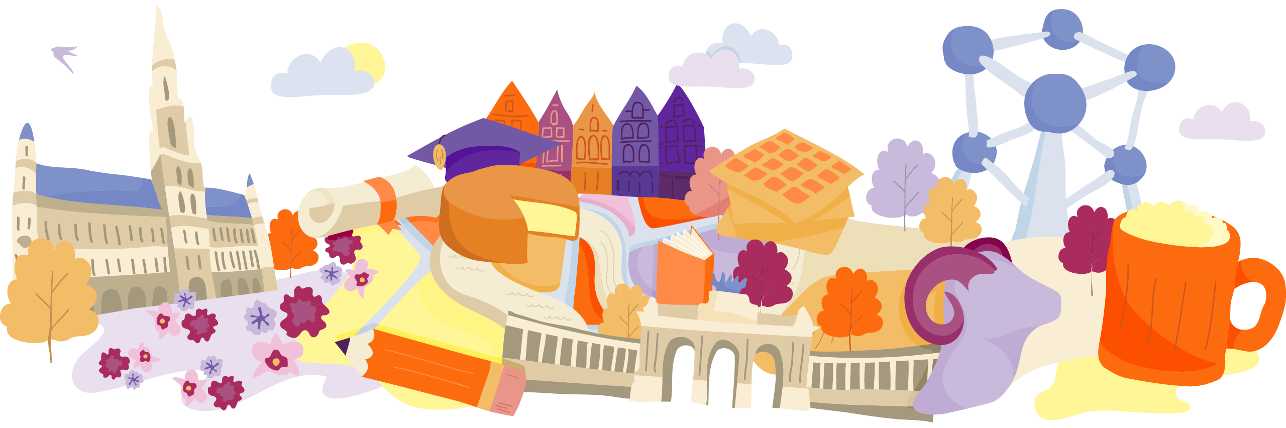 Illustration of famous landmarks and cultural items from Belgium, interconnected on a map-like layout with trees and clouds.