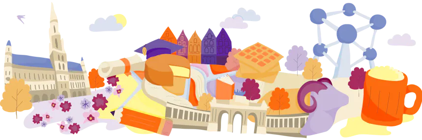 Illustration of famous landmarks and cultural items from Belgium, interconnected on a map-like layout with trees and clouds.