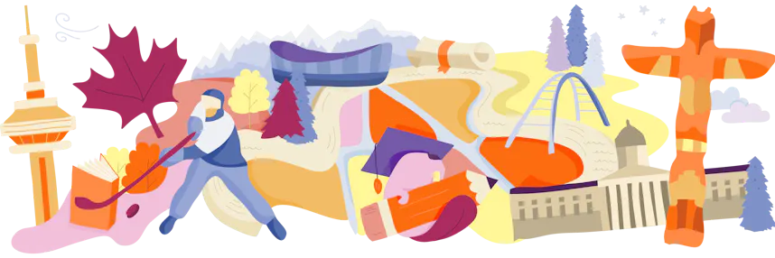 Illustration of famous landmarks and cultural items from Canada, interconnected on a map-like layout with trees and clouds.
