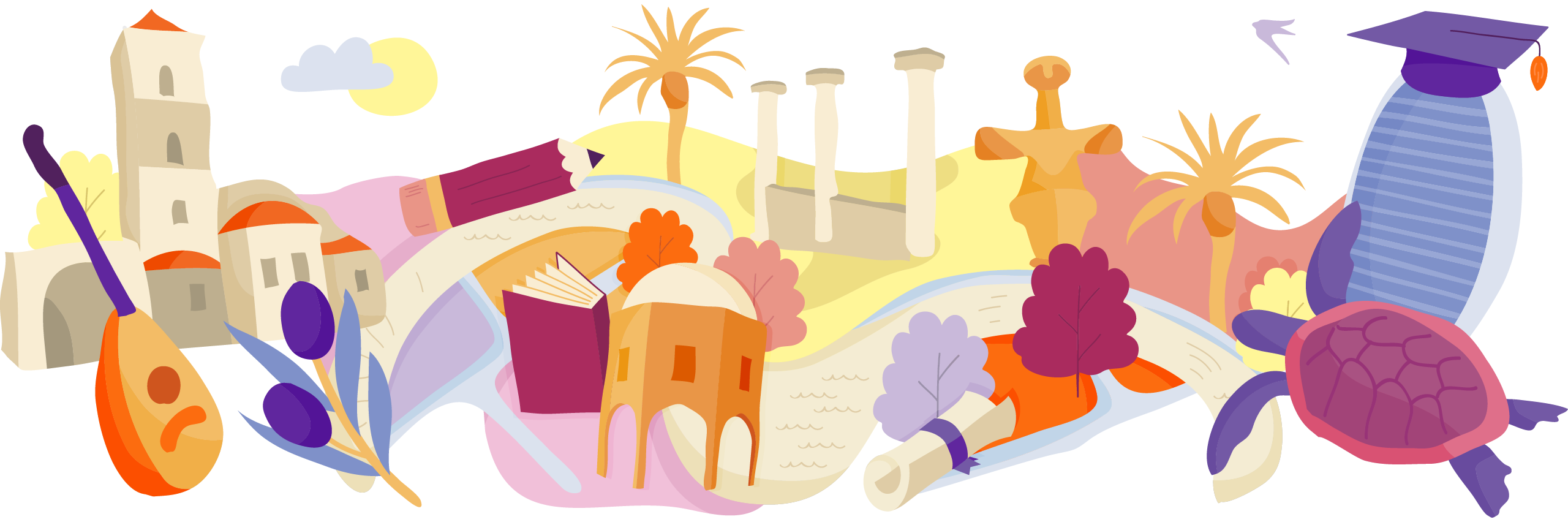 Illustration of famous landmarks and cultural items from Cyprus, interconnected on a map-like layout with trees and clouds.