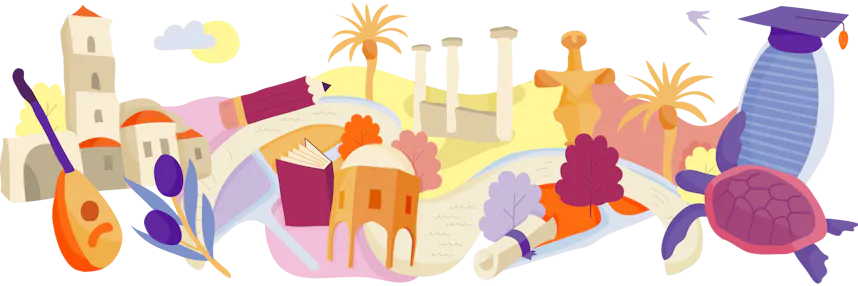 Illustration of famous landmarks and cultural items from Cyprus, interconnected on a map-like layout with trees and clouds.