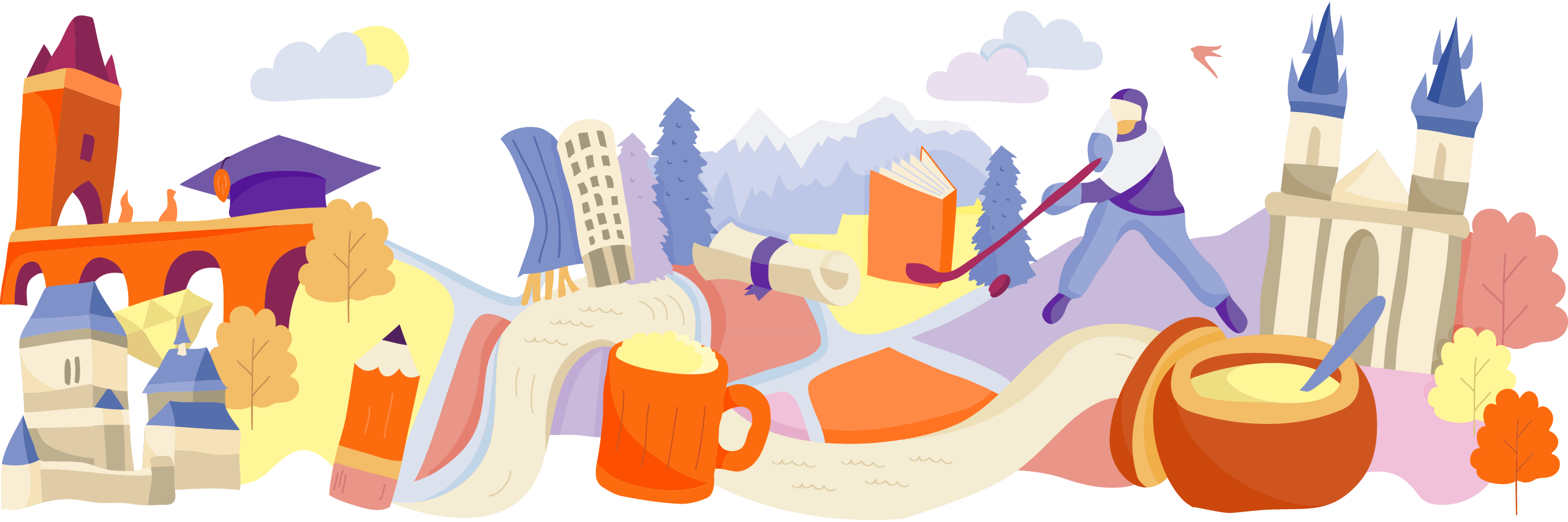Illustration of famous landmarks and cultural items from Czech Republic, interconnected on a map-like layout with trees and clouds.