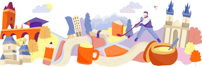 Illustration of famous landmarks and cultural items from Czech Republic, interconnected on a map-like layout with trees and clouds.