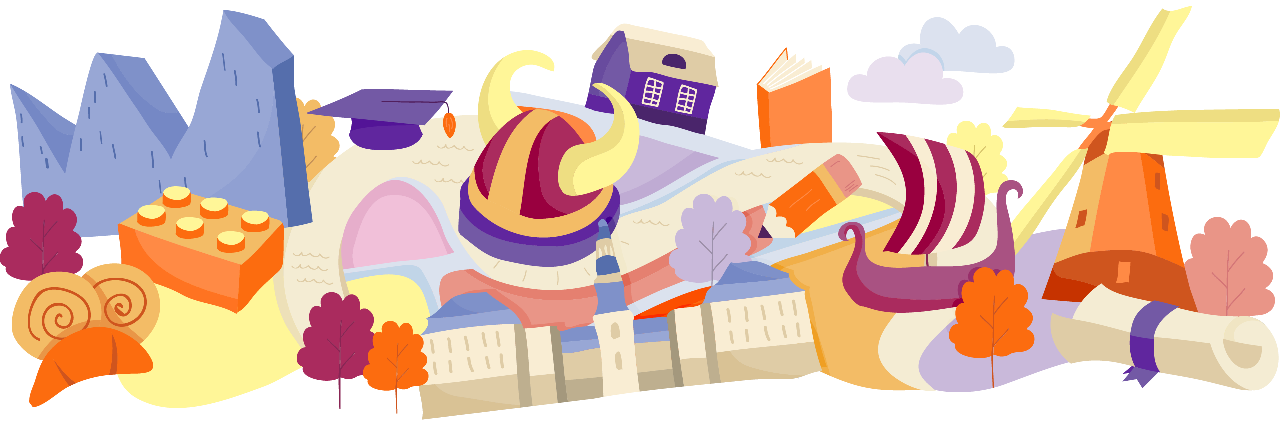 Illustration of famous landmarks and cultural items from Denmark, interconnected on a map-like layout with trees and clouds.