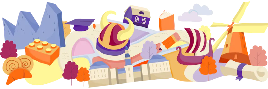 Illustration of famous landmarks and cultural items from Denmark, interconnected on a map-like layout with trees and clouds.