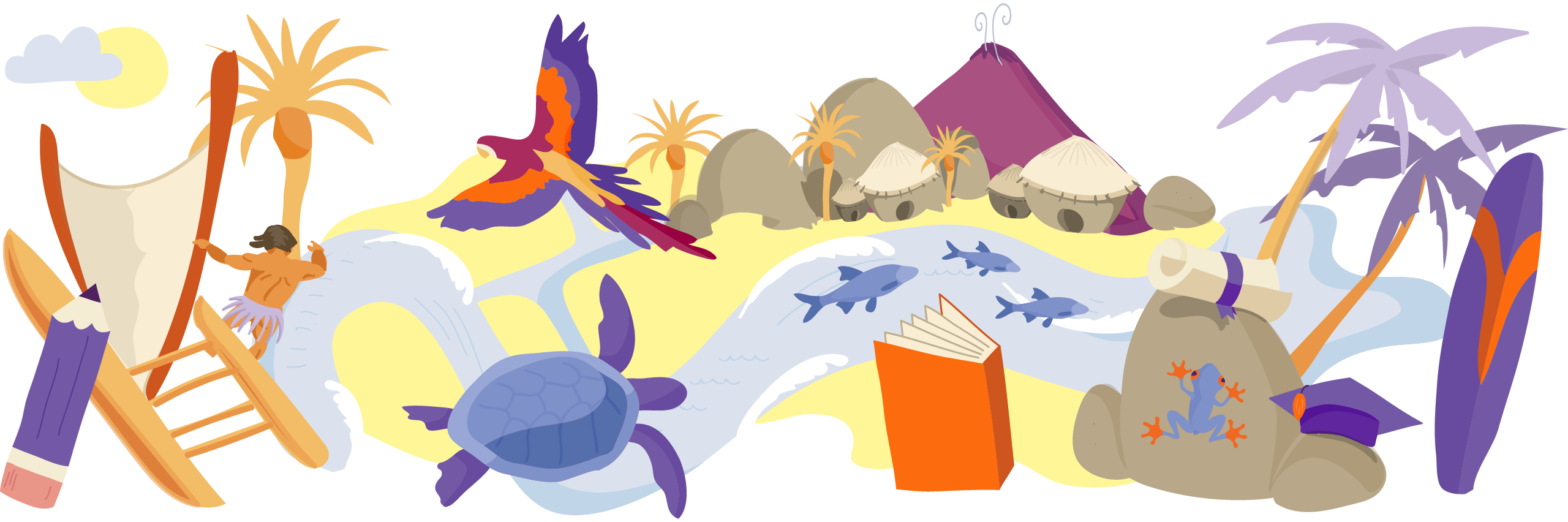 Illustration of famous landmarks and cultural items from Fiji, interconnected on a map-like layout with trees and clouds.
