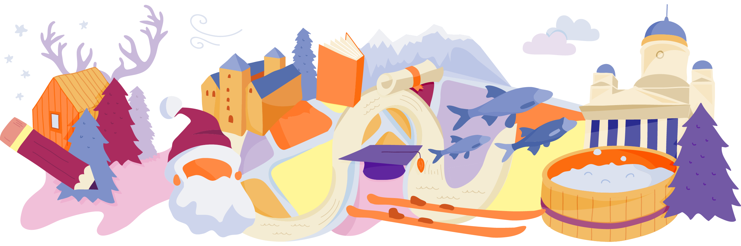 Illustration of famous landmarks and cultural items from Finland, interconnected on a map-like layout with trees and clouds.