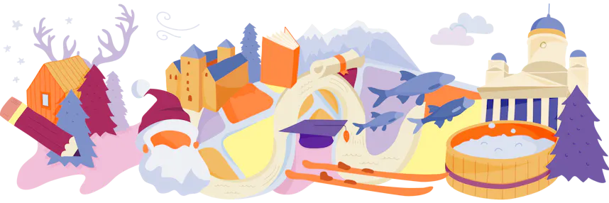 Illustration of famous landmarks and cultural items from Finland, interconnected on a map-like layout with trees and clouds.