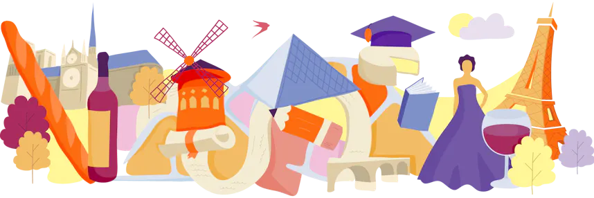 Illustration of famous landmarks and cultural items from France, interconnected on a map-like layout with trees and clouds.
