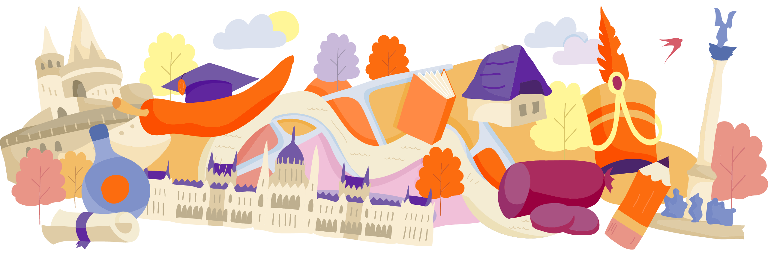Illustration of famous landmarks and cultural items from Hungary, interconnected on a map-like layout with trees and clouds.