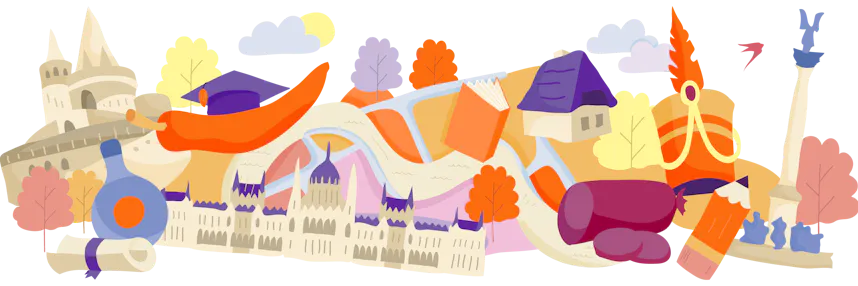 Illustration of famous landmarks and cultural items from Hungary, interconnected on a map-like layout with trees and clouds.