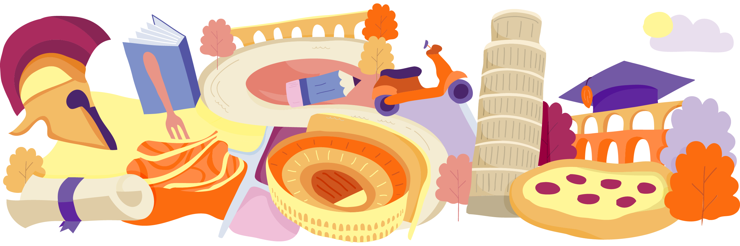 Illustration of famous landmarks and cultural items from Italy, interconnected on a map-like layout with trees and clouds.