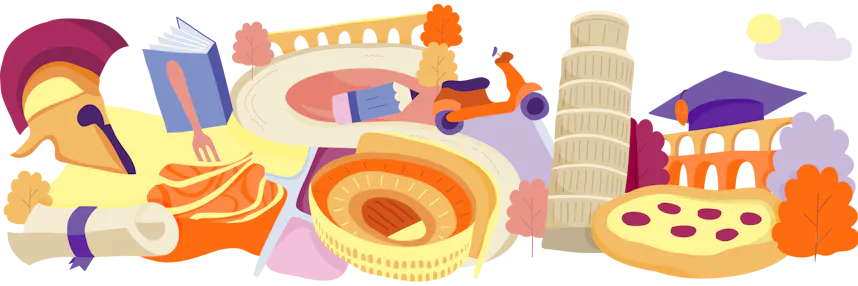 Illustration of famous landmarks and cultural items from Italy, interconnected on a map-like layout with trees and clouds.