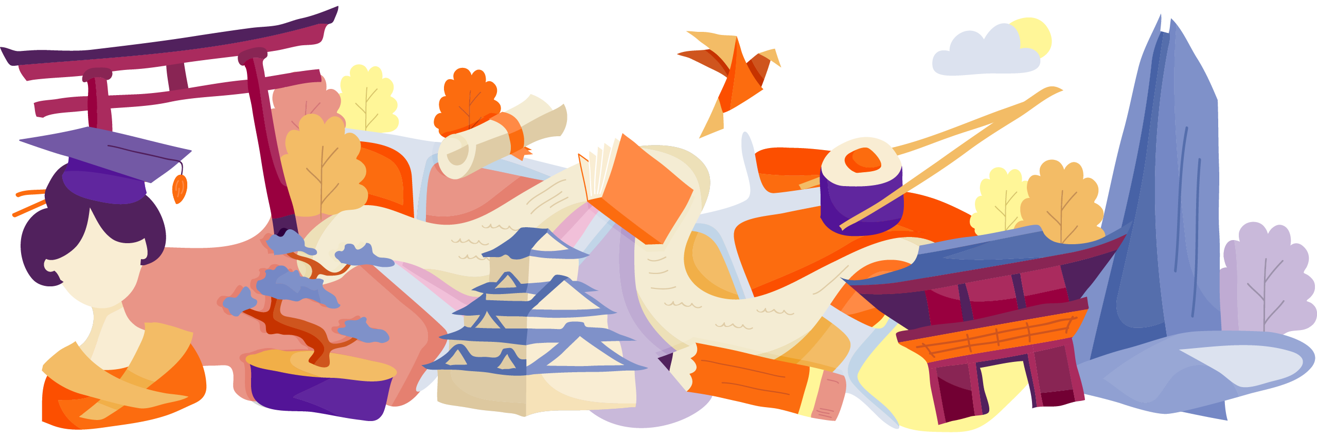 Illustration of famous landmarks and cultural items from Japan, interconnected on a map-like layout with trees and clouds.