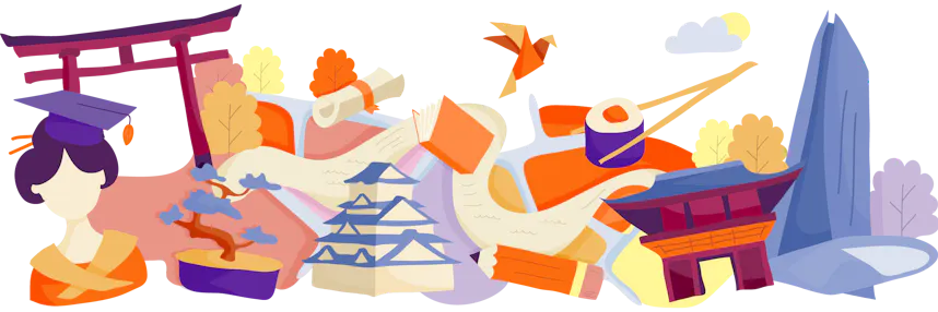 Illustration of famous landmarks and cultural items from Japan, interconnected on a map-like layout with trees and clouds.