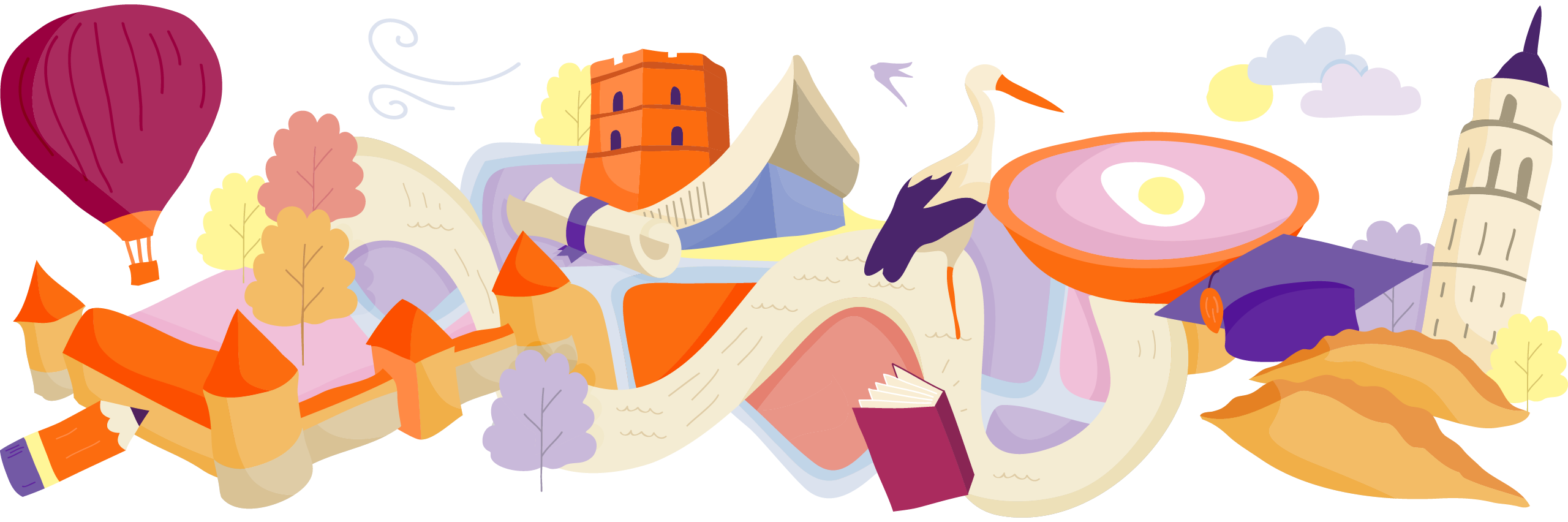 Illustration of famous landmarks and cultural items from Lithuania, interconnected on a map-like layout with trees and clouds.