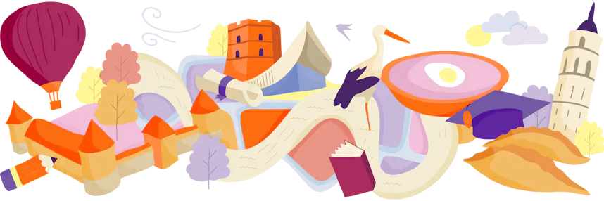 Illustration of famous landmarks and cultural items from Lithuania, interconnected on a map-like layout with trees and clouds.