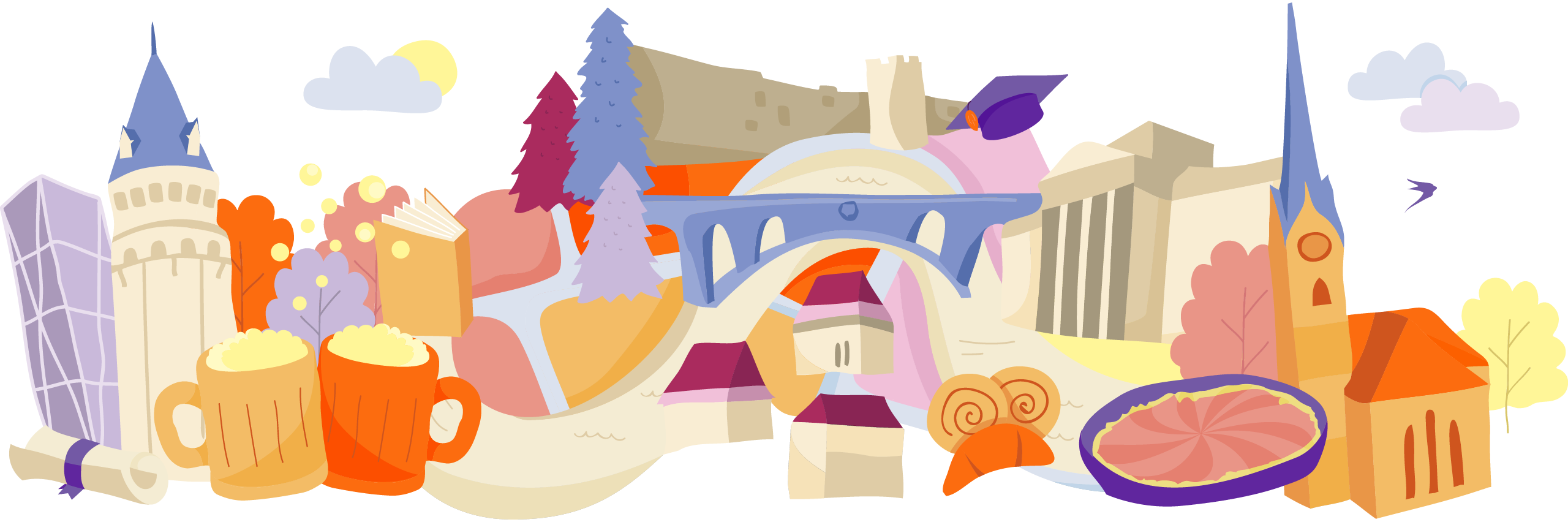 Illustration of famous landmarks and cultural items from Luxembourg, interconnected on a map-like layout with trees and clouds.