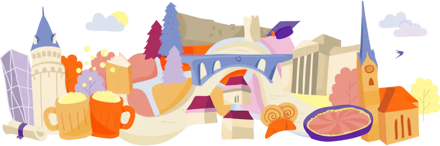 Illustration of famous landmarks and cultural items from Luxembourg, interconnected on a map-like layout with trees and clouds.