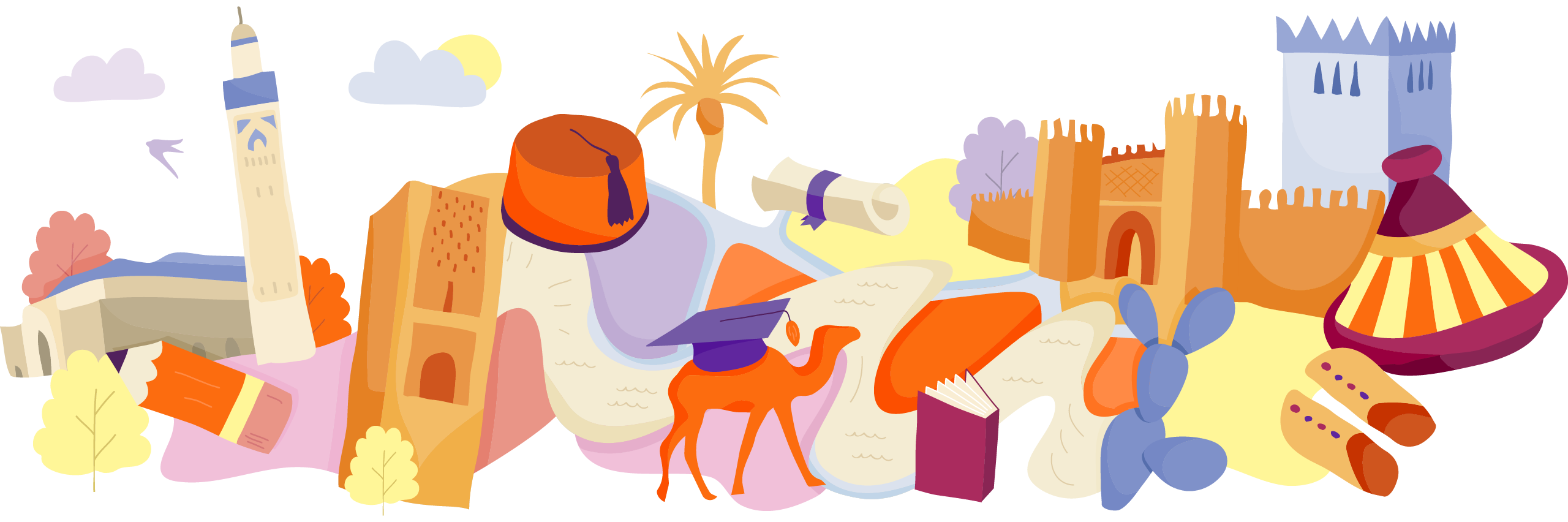 Illustration of famous landmarks and cultural items from Morocco, interconnected on a map-like layout with trees and clouds.