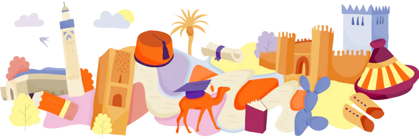 Illustration of famous landmarks and cultural items from Morocco, interconnected on a map-like layout with trees and clouds.