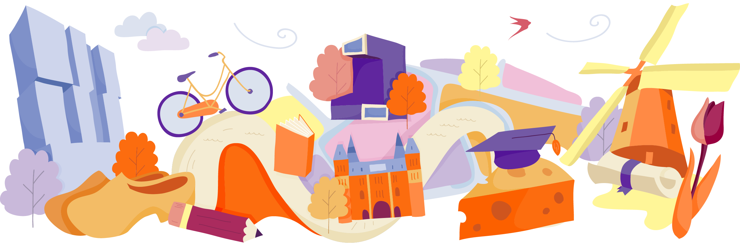 Illustration of famous landmarks and cultural items from the Netherlands, interconnected on a map-like layout with trees and clouds.