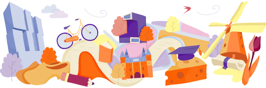 Illustration of famous landmarks and cultural items from the Netherlands, interconnected on a map-like layout with trees and clouds.