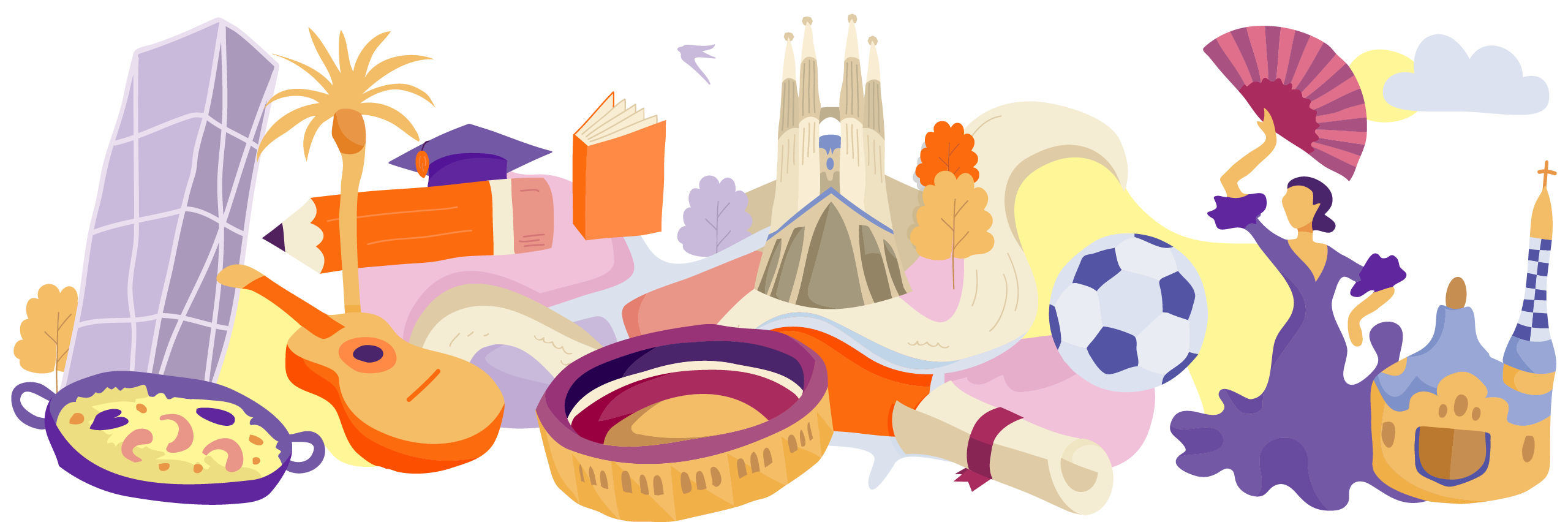 Illustration of famous landmarks and cultural items from Spain, interconnected on a map-like layout with trees and clouds.