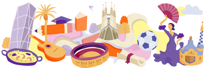 Illustration of famous landmarks and cultural items from Spain, interconnected on a map-like layout with trees and clouds.