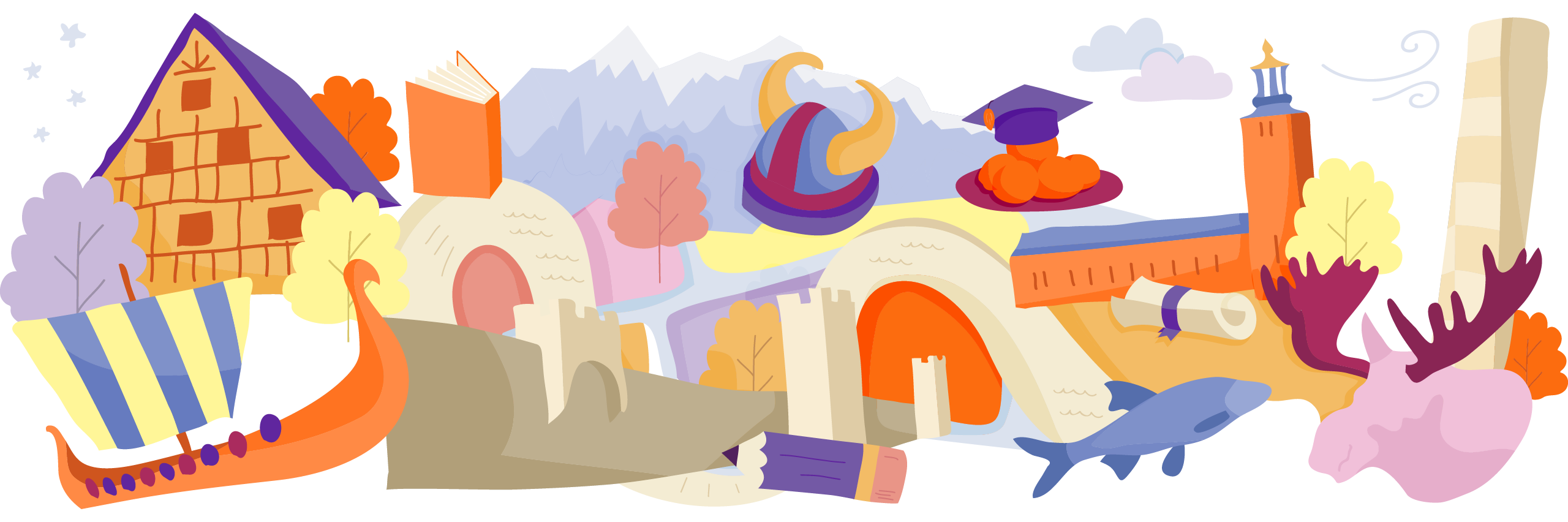 Illustration of famous landmarks and cultural items from Sweden, interconnected on a map-like layout with trees and clouds.