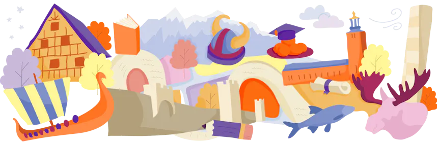 Illustration of famous landmarks and cultural items from Sweden, interconnected on a map-like layout with trees and clouds.