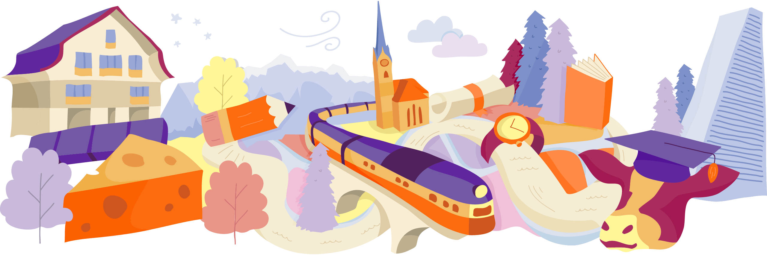 Illustration of famous landmarks and cultural items from Switzerland, interconnected on a map-like layout with trees and clouds.