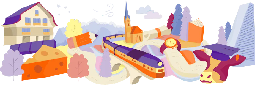 Illustration of famous landmarks and cultural items from Switzerland, interconnected on a map-like layout with trees and clouds.