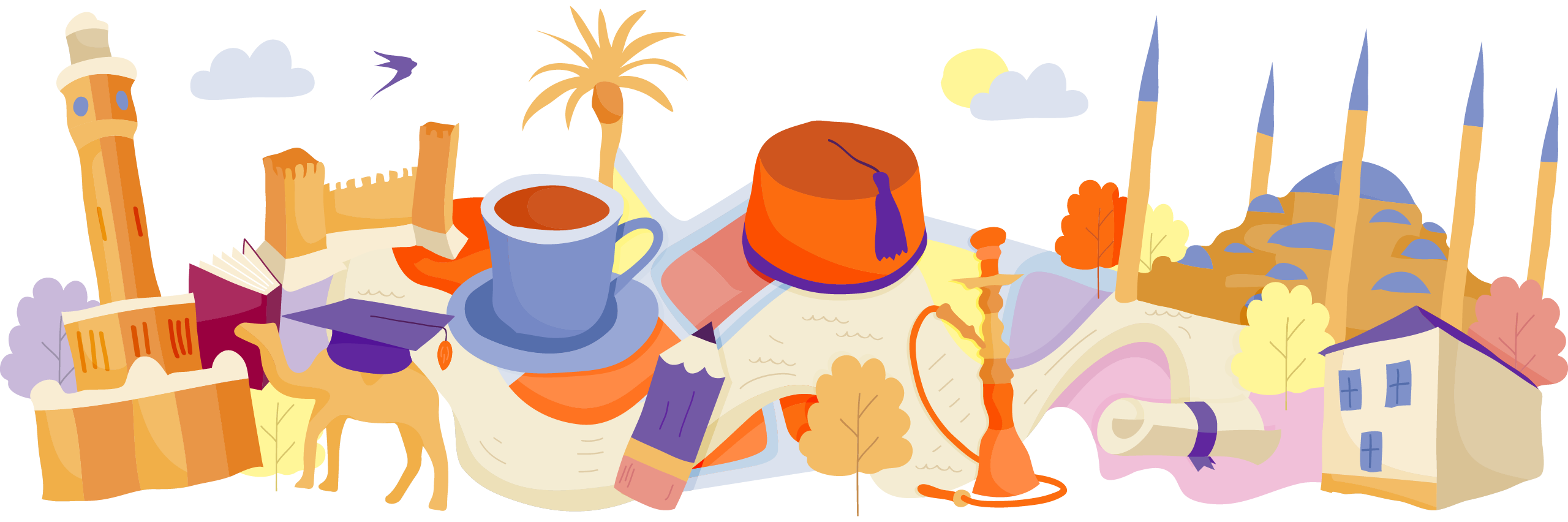 Illustration of famous landmarks and cultural items from Turkey, interconnected on a map-like layout with trees and clouds.