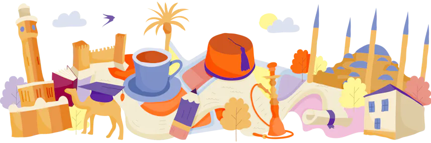 Illustration of famous landmarks and cultural items from Turkey, interconnected on a map-like layout with trees and clouds.