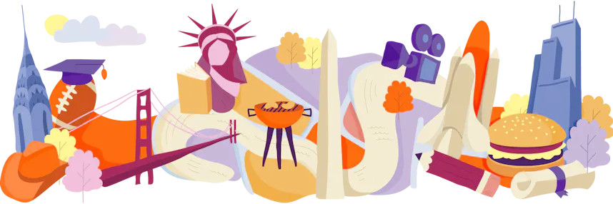 Illustration of famous landmarks and cultural items from the USA, interconnected on a map-like layout with trees and clouds.