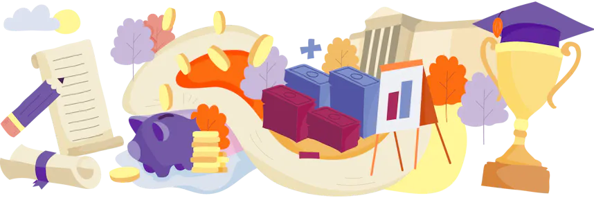 Illustration of education and financial elements including a graduation cap, trophy, diploma, books, a piggy bank, stacks of cash notes, and coins, representing fees and funding.