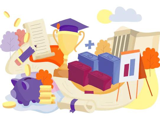 Illustration of education and financial elements including a graduation cap, trophy, diploma, books, a piggy bank, stacks of cash notes, and coins, representing fees and funding