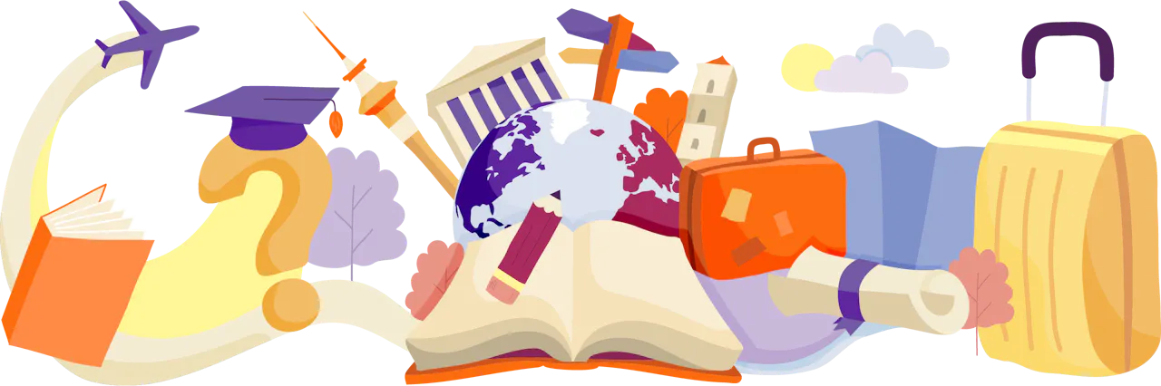 Illustration of an open book surrounded by icons representing education and travel, including a globe, graduation cap, airplane, suitcase, and famous landmarks, all emanating from the pages.