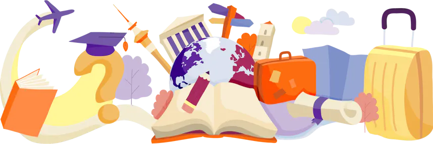 Illustration of an open book surrounded by icons representing education and travel, including a globe, graduation cap, airplane, suitcase, and famous landmarks, all emanating from the pages.