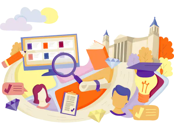 Illustration of educational themes including a computer screen, diploma, open book, magnifying glass, pencil, clipboard, light bulb, and university building. Profiles of students and educators sit amidst university buildings and foliage.