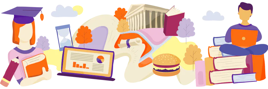 Illustration showing aspects of student life, including a student with a book and pencil, various books, a laptop, fast food, and iconic educational symbols like a graduation cap and a university building.
