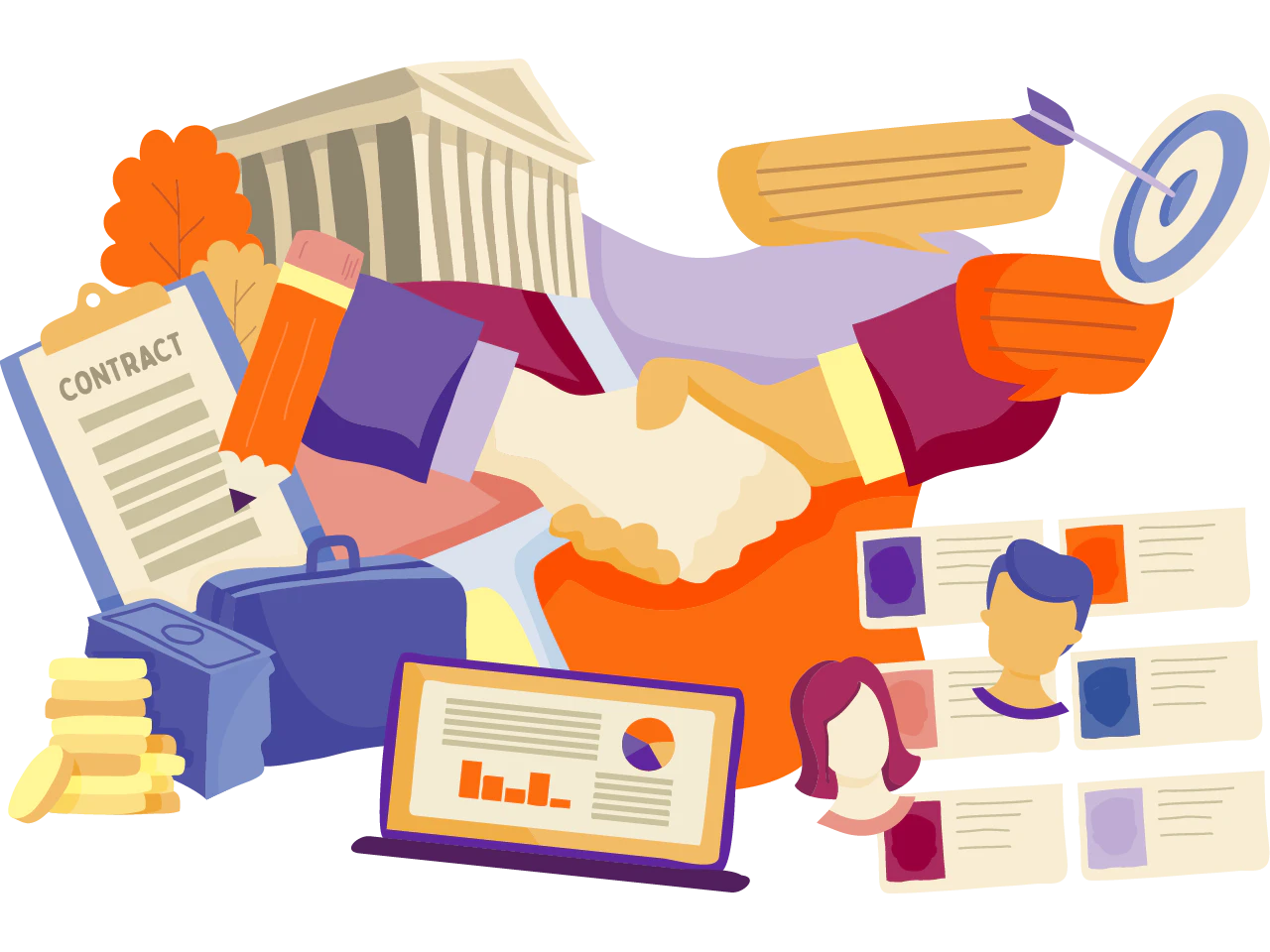 Illustration depicting a partnership with two hands shaking. Surrounding them are various business-related elements, including a contract, money, a government building, a clipboard, a target with an arrow in the center, a laptop showing a graph, and profile pictures.
