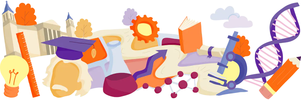 Illustration featuring a variety of academic and scientific symbols, including a graduation cap on top of a profile of Einstein's head, a book, a ruler, a lightbulb, a microscope, a DNA helix, and molecular structure, against a backdrop of a university building with trees and clouds.